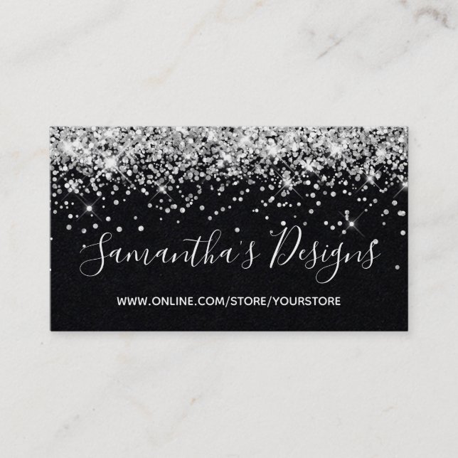 Gnistrande Silver Glitter Webbutik Premium Svart Visitkort (Framsida)
