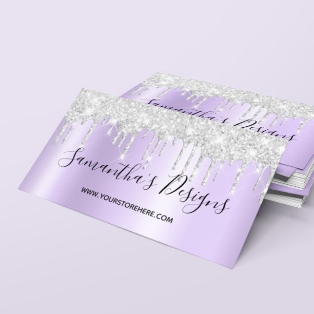 Gnistrande Silver Glitterdroppar Ljus Lavendel Omb Visitkort (Sparkly Silver Glitter Drips Pale Lavender Ombre Business Card)