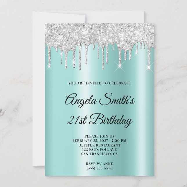 Gnistrande Silver Glitterdroppar Ljus Teal Ombre Inbjudningar (Framsida)