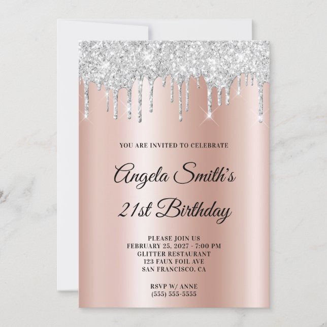 Gnistrande Silver Glitterdroppar Rose Gold Ombre Inbjudningar (Framsida)