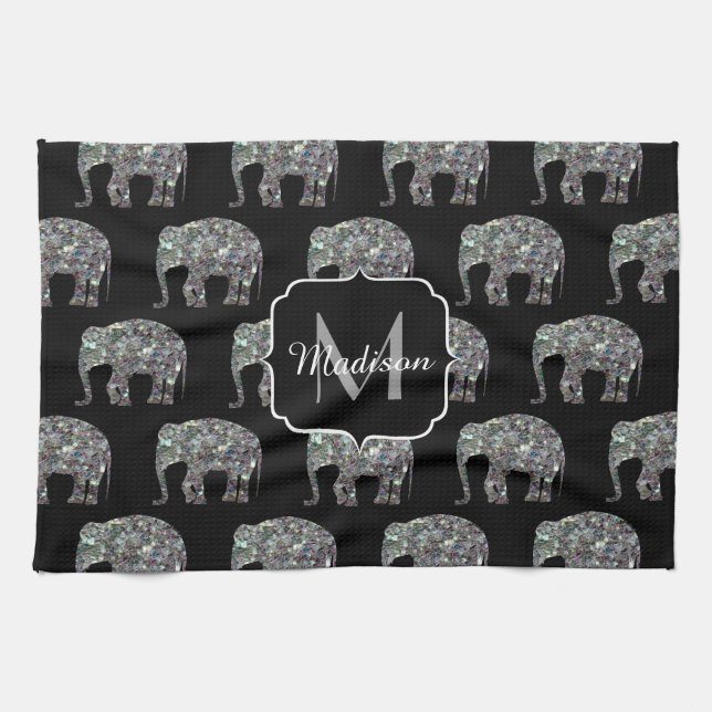 Gnistrande silver mosaik glitter Elefantmonogram Kökshandduk (Horisontell)