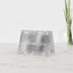 Gnistrande silverfalskt glitter och blank folie tack kort