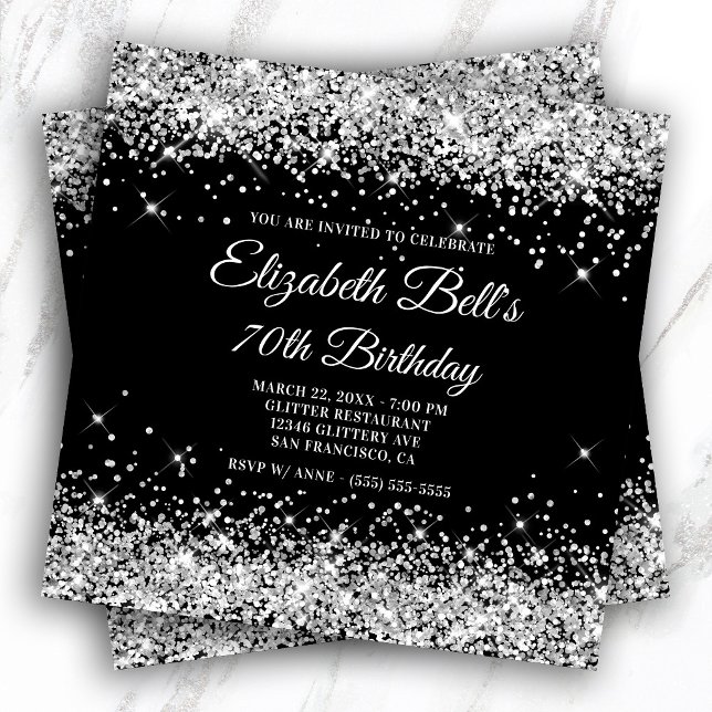Gnistrande silverglitter svart färg 70-årsdag inbjudningar (Sparkly Silver Glitter Black Color 70th Birthday Invitation)