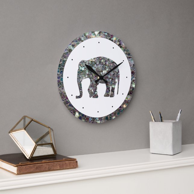 Gnistrande silvermosaik glitter Elefant Stor Klocka (Kontor)