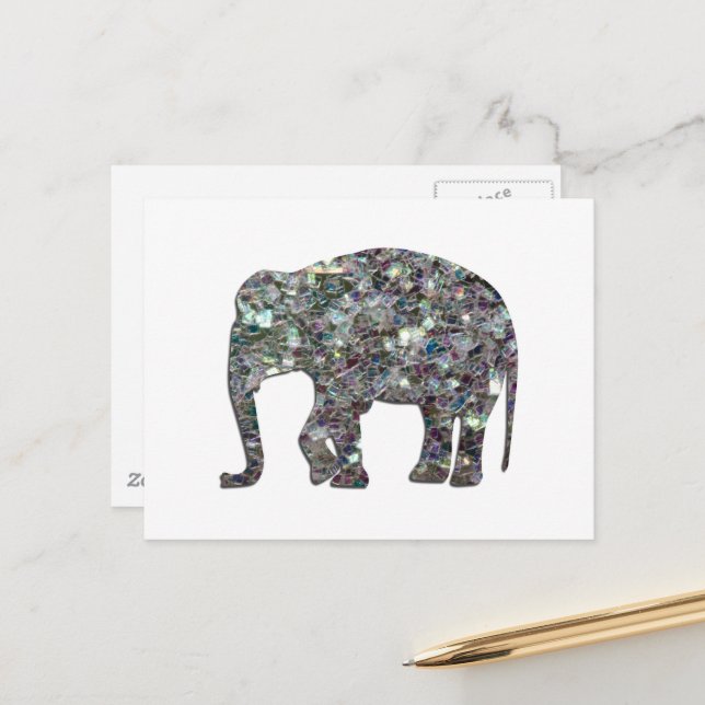 Gnistrande silvermosaik glitter Elefant Vykort (Fram/Back In Situ)