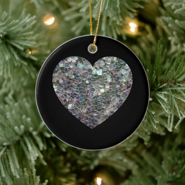 Gnistrande silvermosaik-glitterhjärta julgransprydnad keramik (Träd)