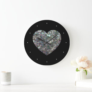 Gnistrande silvermosaik glitterhjärta stor klocka