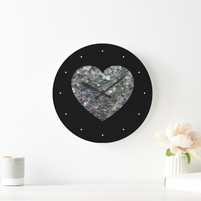 Gnistrande silvermosaik glitterhjärta stor klocka (Hem)