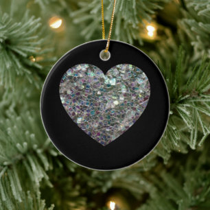 Gnistrande silvermosaik glittrande hjärta julgransprydnad keramik
