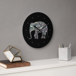 Gnistrande silvermosaikglitter Elefant Stor Klocka