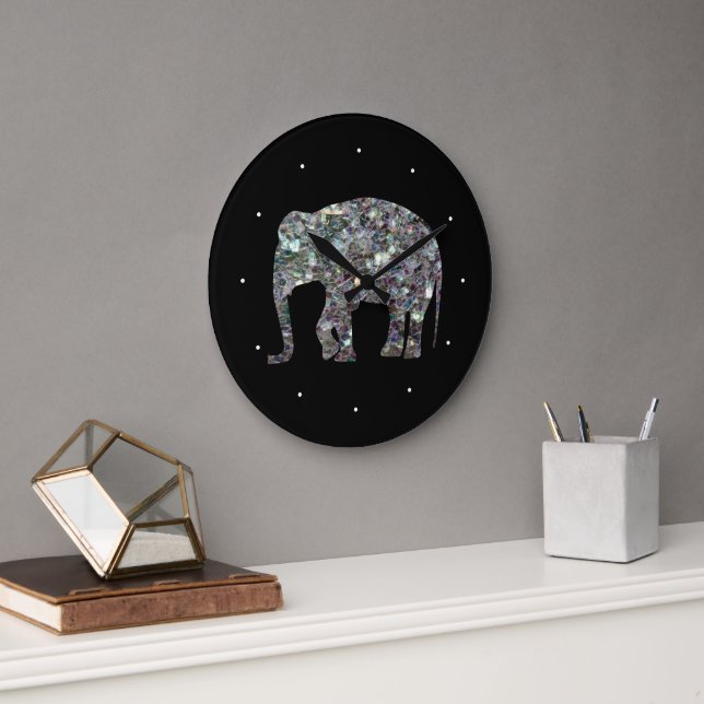 Gnistrande silvermosaikglitter Elefant Stor Klocka (Kontor)
