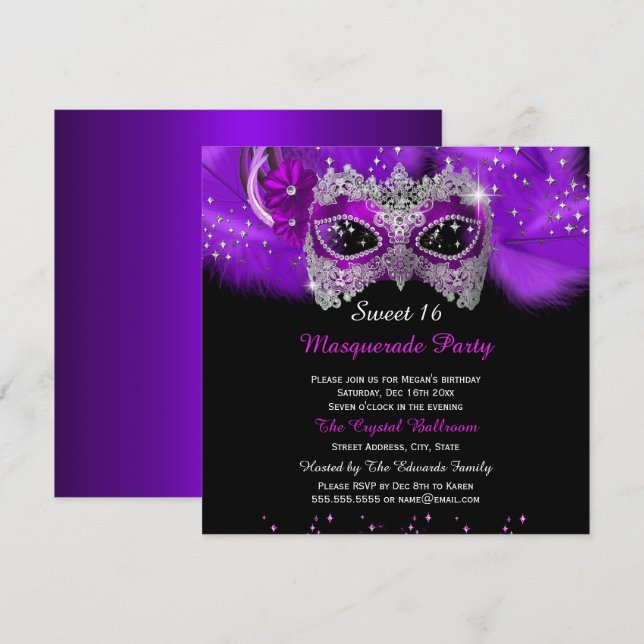 Gnistrande spetsmask Purple Masquerade Sweet 16 Inbjudningar (Fram/baksida)