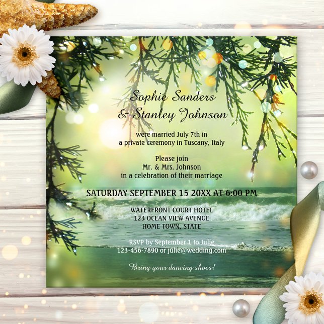 Gnistrande strandfest efter bröllop eller bröllops inbjudningar (Wedding reception only invitation featuring a painting of an ocean with sparkling bokeh lights)