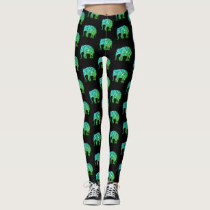 Gnistrande tealgrön ombre Elefantmönster svart Leggings
