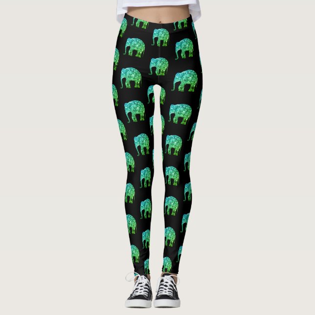 Gnistrande tealgrön ombre Elefantmönster svart Leggings (Framsida)