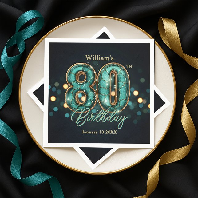 Gnistrande turkos och guld 80-årsfirande pappersservett (Skapare uppladdad)