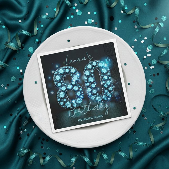 Gnistrande turkos svart diamant 80-årsdag pappersservett (Skapare uppladdad)