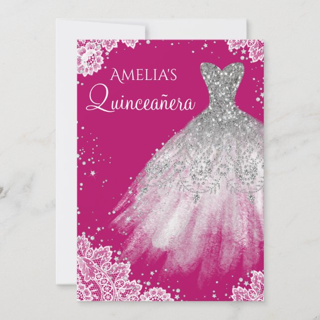 Gnistrande vit spetsklänning Rosa Quinceanera Inbjudningar (Framsida)
