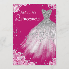 Gnistrande vit spetsklänning Rosa Quinceanera Inbjudningar