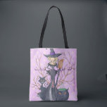 Gnistunga flickor kväll ut häxbachelorette-festen tygkasse<br><div class="desc">Chic lustig Halloween-persikofärgad orange, grått och lilac mauve lila polka dots färg party möhippa typography bachelorette Party personlig to te bag med en häxa i en grått-kolklänning och hatt med en borst, brushwood och en svart kattfyllning i texten på spåren fram och tillbaka (eller ta bort den) kan du anpassa...</div>