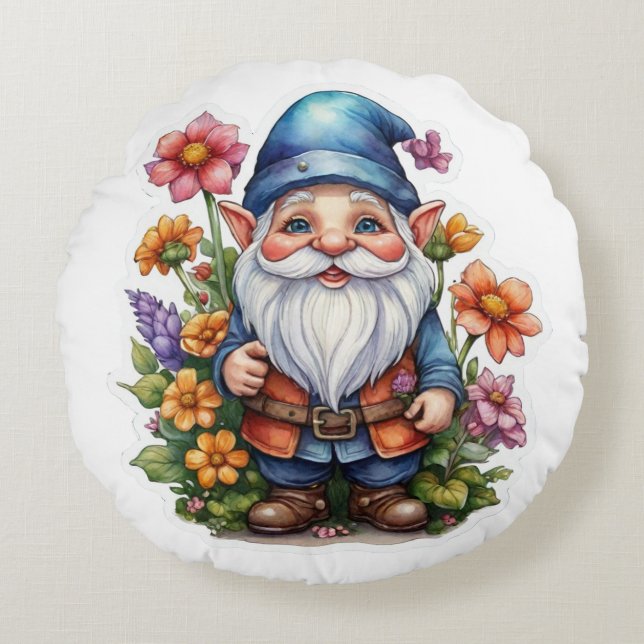 Gnom och blommor 2 rund kudde (Framsidan)