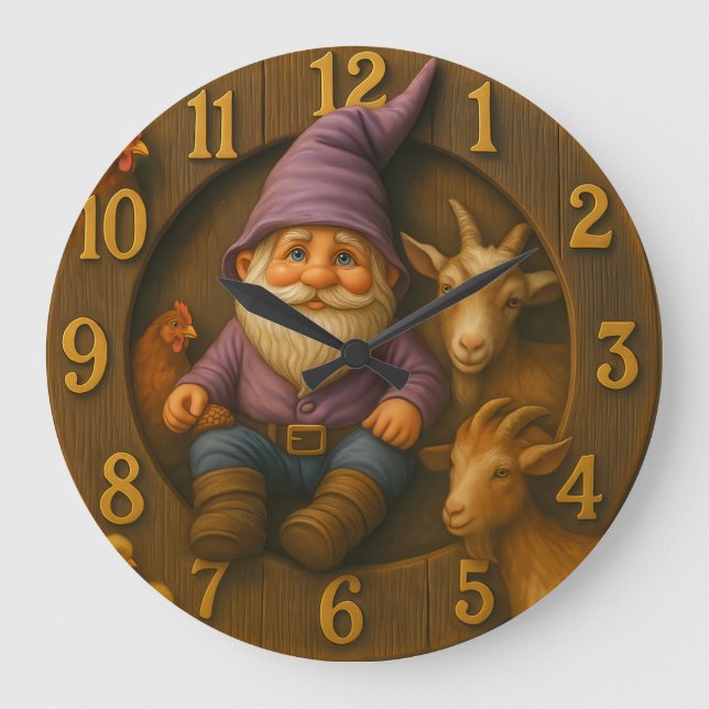 Gnome and Farm Animals in Cozy Garden Scene Stor Klocka (Framsida)