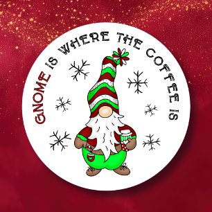 Gnome är där kaffet är Cute-jul Runt Klistermärke