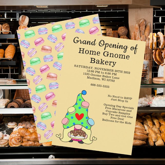 Gnome bakery bakery Cakes Treats Inbjudningar (Grand Opening Gnome Bakery Pastry Cakes Treats Invitation, business, company, baker, open house,)
