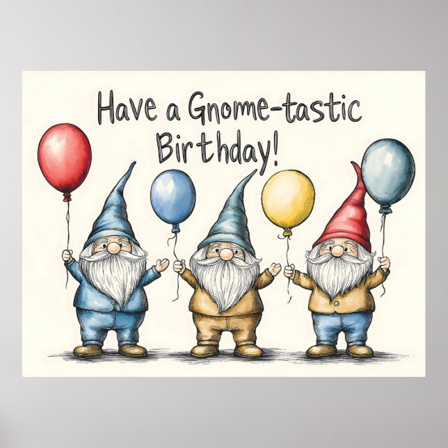 Gnome Birthday Illustration med ballonger Poster (Framsidan)