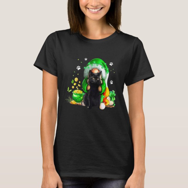 Gnome Black Cat Shamrock St Patricks Day Kitten Gi T Shirt (Framsida)