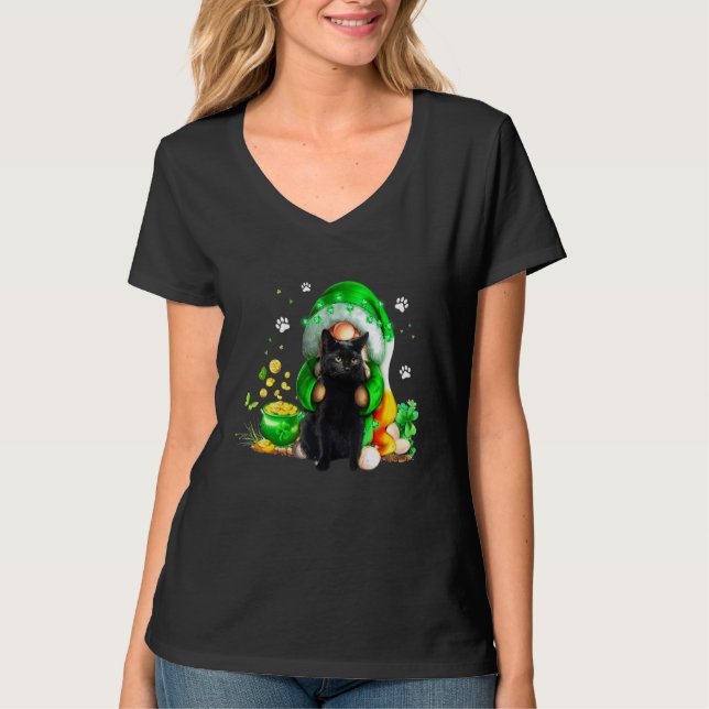 Gnome Black Cat Shamrock St Patricks Day Kitten Gi T Shirt (Framsida)