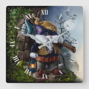 Gnome cat with sledgehammer and lampa går till job fyrkantig klocka