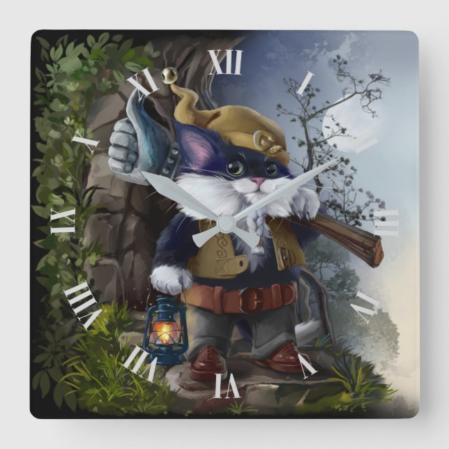 Gnome cat with sledgehammer and lampa går till job fyrkantig klocka (Framsida)