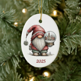 Gnome Ceramic Oval Christmas Ornament