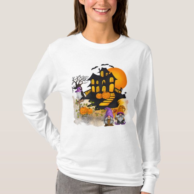 Gnome Couple, Haunted House, Ghost, JackO'Lantern T Shirt (Framsida)