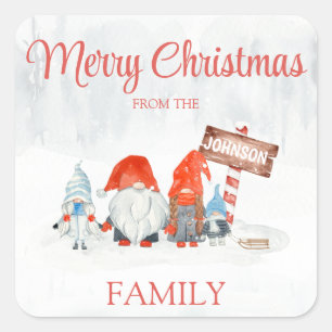 Gnome-familjen med fyra julklapp fyrkantigt klistermärke