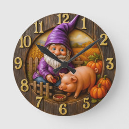 Gnome Feeding Pig in Autumn Farm Scene Clock Rund Klocka