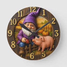 Gnome Feeding Pig in Autumn Farm Scene Rund Klocka