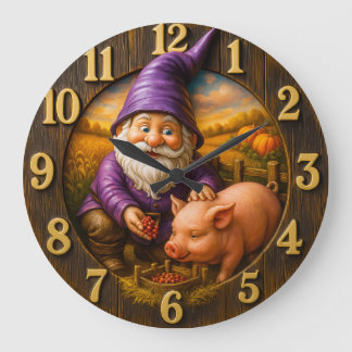 Gnome Feeding Pig in Autumn Farm Scene Stor Klocka