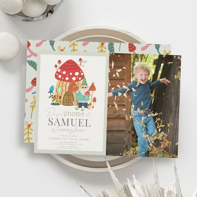 Gnome Garden Mushroom Grönt Barns födelsedag Photo Inbjudningar (Skapare uppladdad)