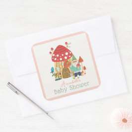 Gnome Garden Mushroom Rosa Girl Baby Shower Fyrkantigt Klistermärke