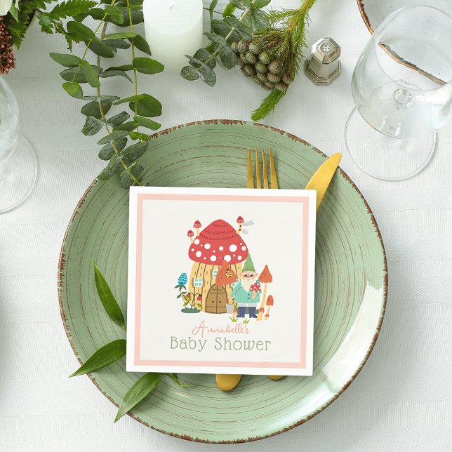 Gnome Garden Mushroom Rosa Girl Baby Shower Pappersservett (Skapare uppladdad)