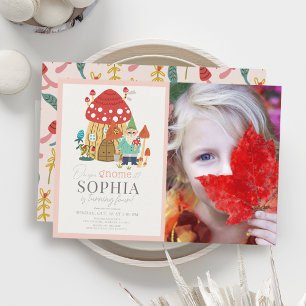 Gnome Garden Mushroom Rosa Girl Birthday Photo Inbjudningar
