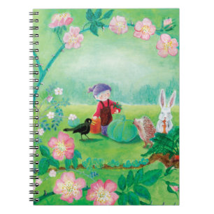 Gnome gardener, Blackbird, Hedgehog & white Rabbit Anteckningsbok