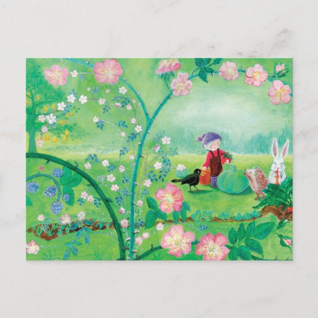 Gnome gardener, Blackbird, Hedgehog & white Rabbit Helg Vykort (Framsida)