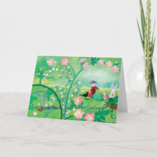 Gnome gardener, Blackbird, Hedgehog & white Rabbit Helgkort