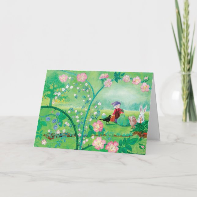 Gnome gardener, Blackbird, Hedgehog & white Rabbit Helgkort (Framsida)