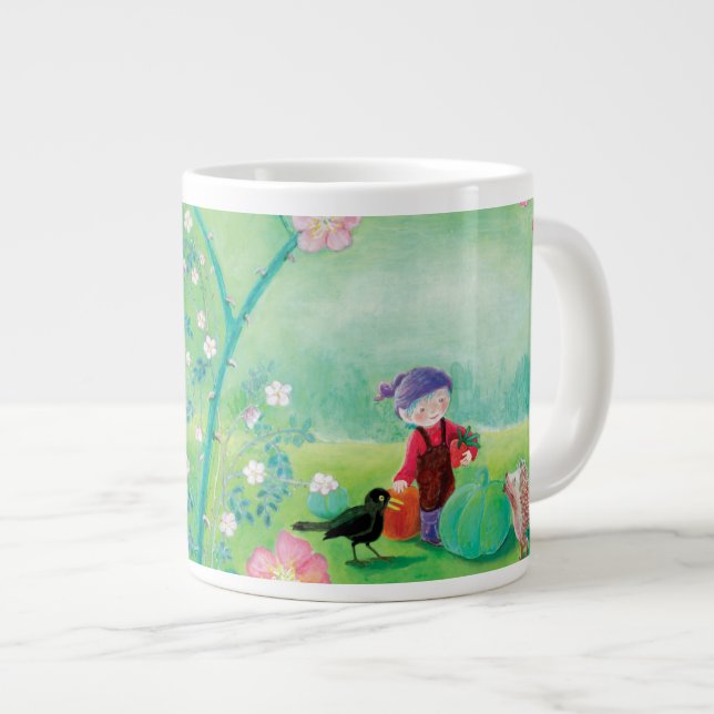 Gnome gardener, Blackbird, Hedgehog & white Rabbit Jumbo Mugg (Framsida höger)