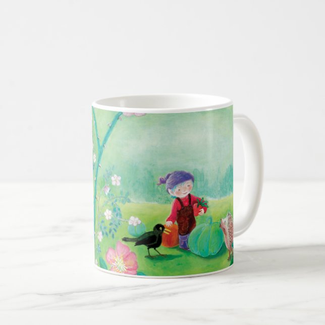 Gnome gardener, Blackbird, Hedgehog & white Rabbit Kaffemugg (Framsida höger)