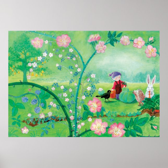 Gnome gardener, Blackbird, Hedgehog & white Rabbit Poster (Framsidan)